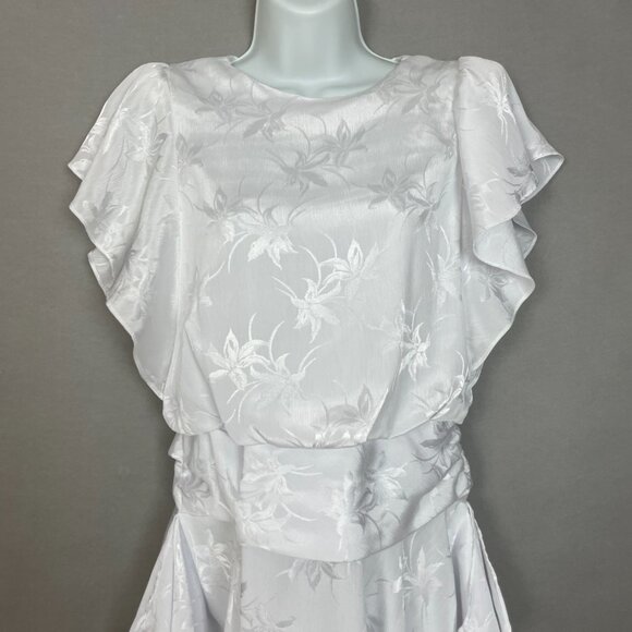 Vintage 80s Dress Floral Mini Ruffles Iridescent Women Beach Wedding Reception - Picture 3 of 13